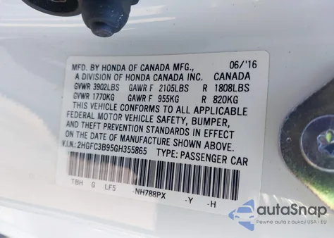 2016 Honda Civic Touring из США, поврежденный, VIN 2HGFC3B95GH355865